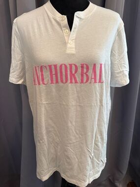 Gildan White Short-Sleeve Henley Tee with Pink Anchorball Logo